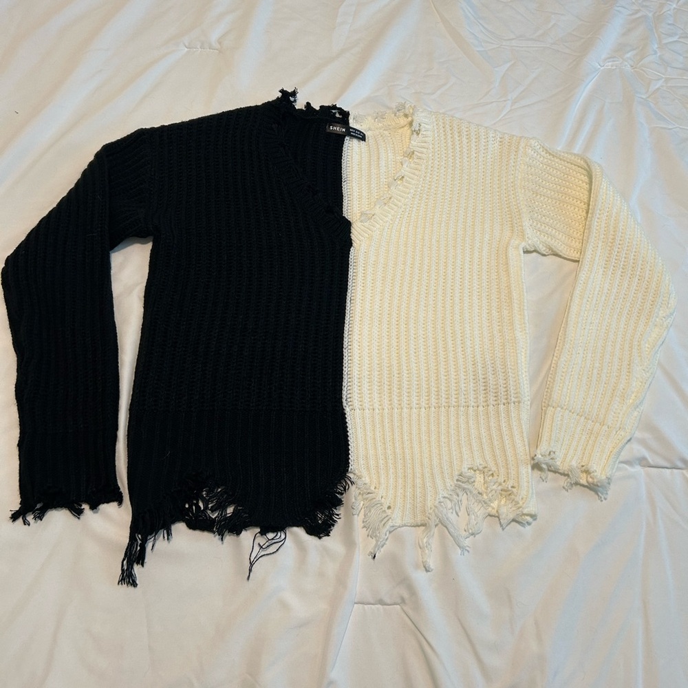 NEW SHEIN Essnce Two Tone Drop Shoulder Distressed Trim Sweater